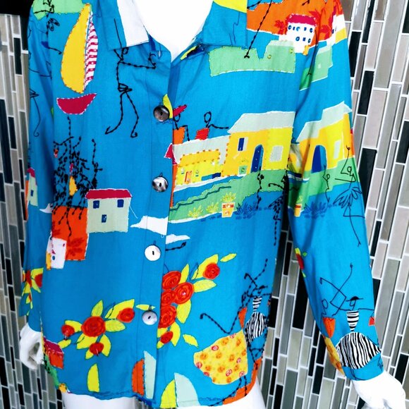 PARADISO 80's Colorful Novelty Print V-Neck 100% Rayon Cropped L 0104 Excellent - Picture 1 of 5